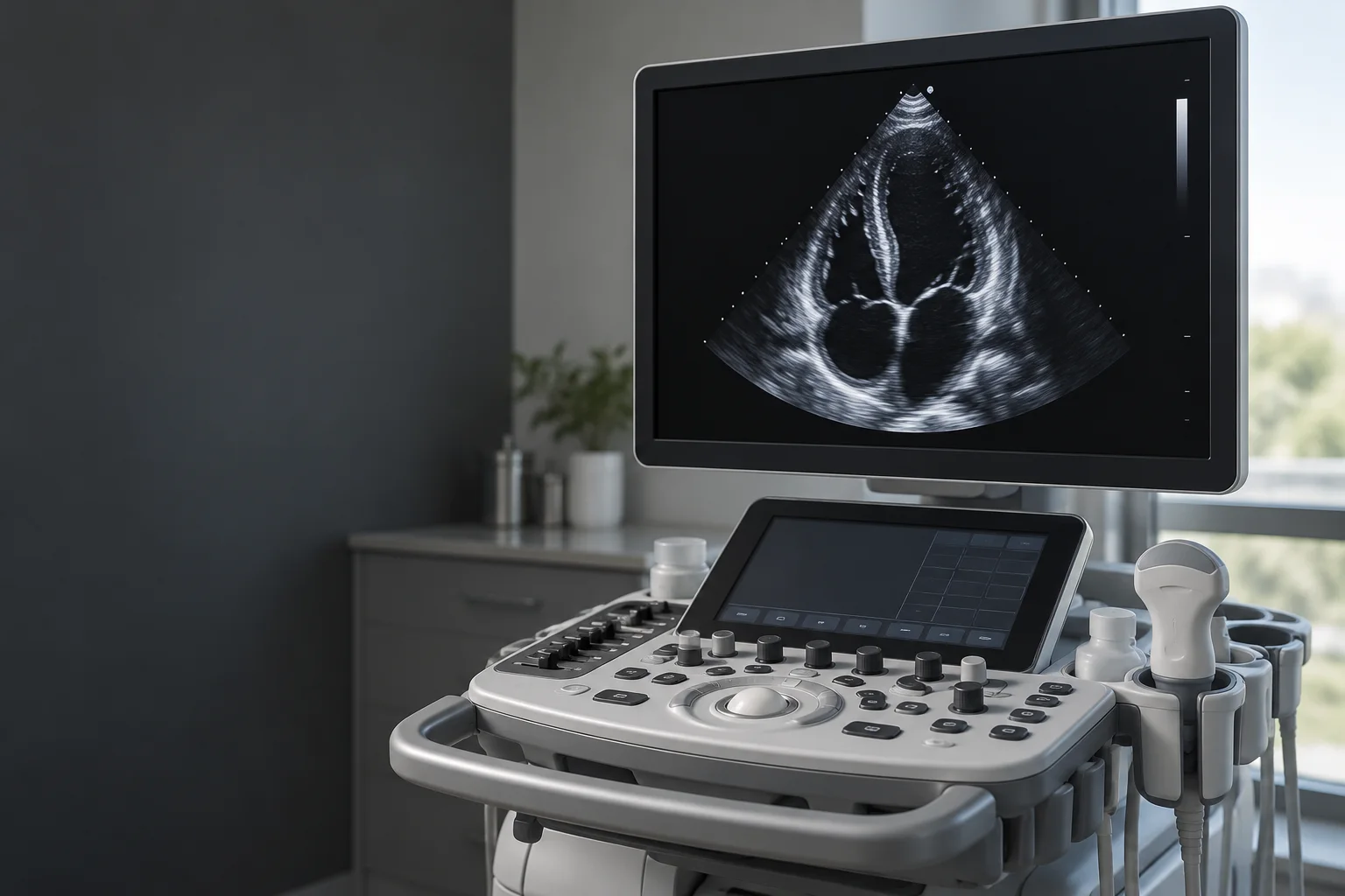 Equipamento de ecocardiografia com imagem ilustrativa do coração na tela