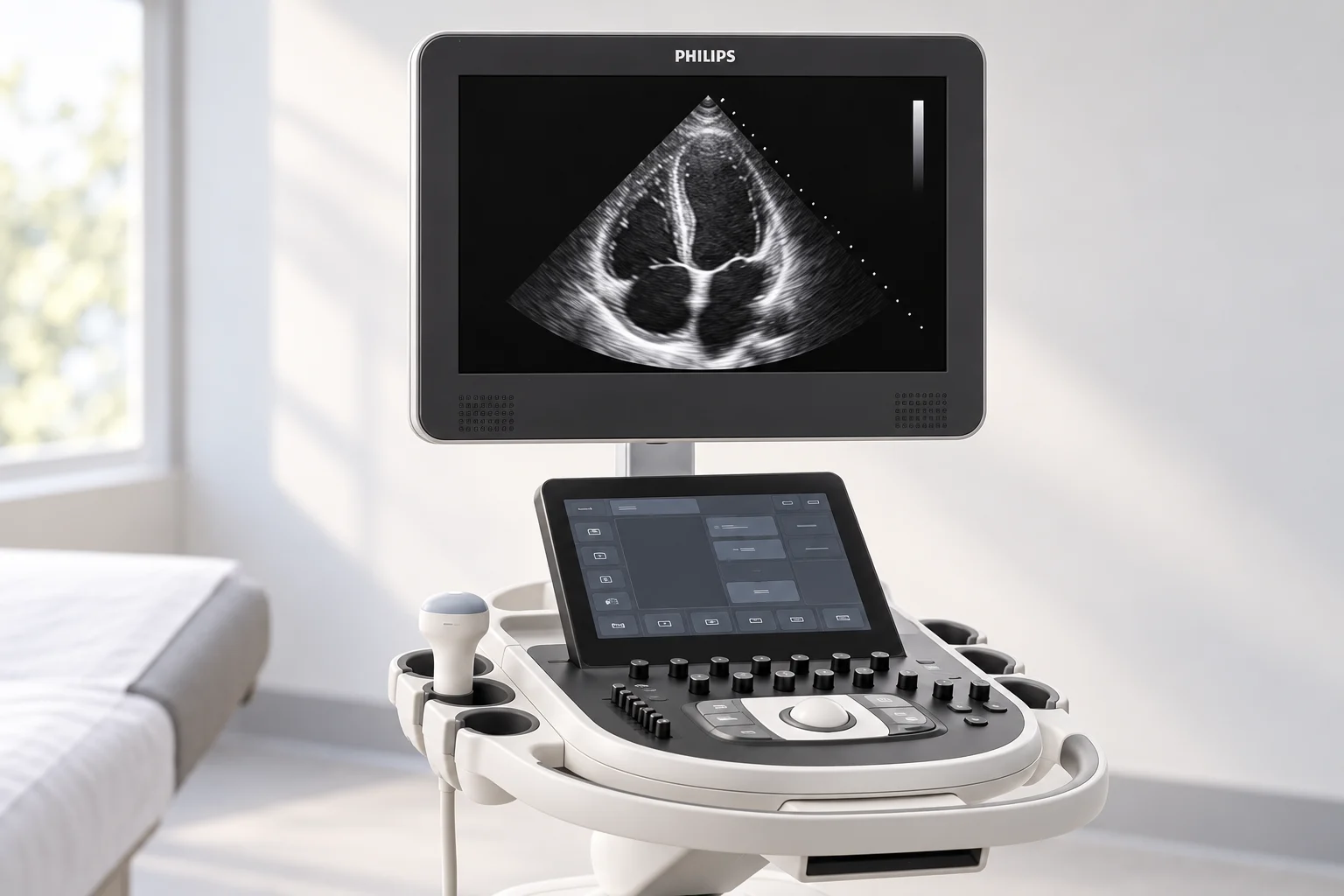 Tela e painel de controles do Philips Affiniti 50 em destaque, com ambiente clínico ao fundo e imagem cardíaca ilustrativa