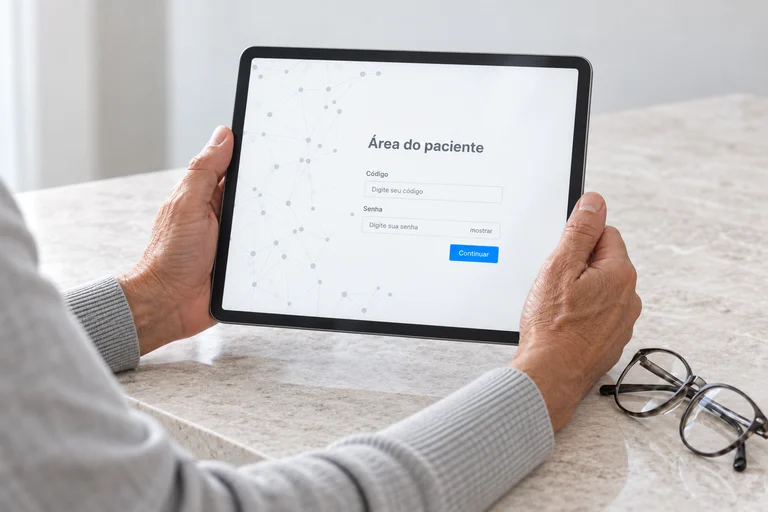 Tablet mostrando a Área do paciente do portal de resultados, em composição ilustrativa